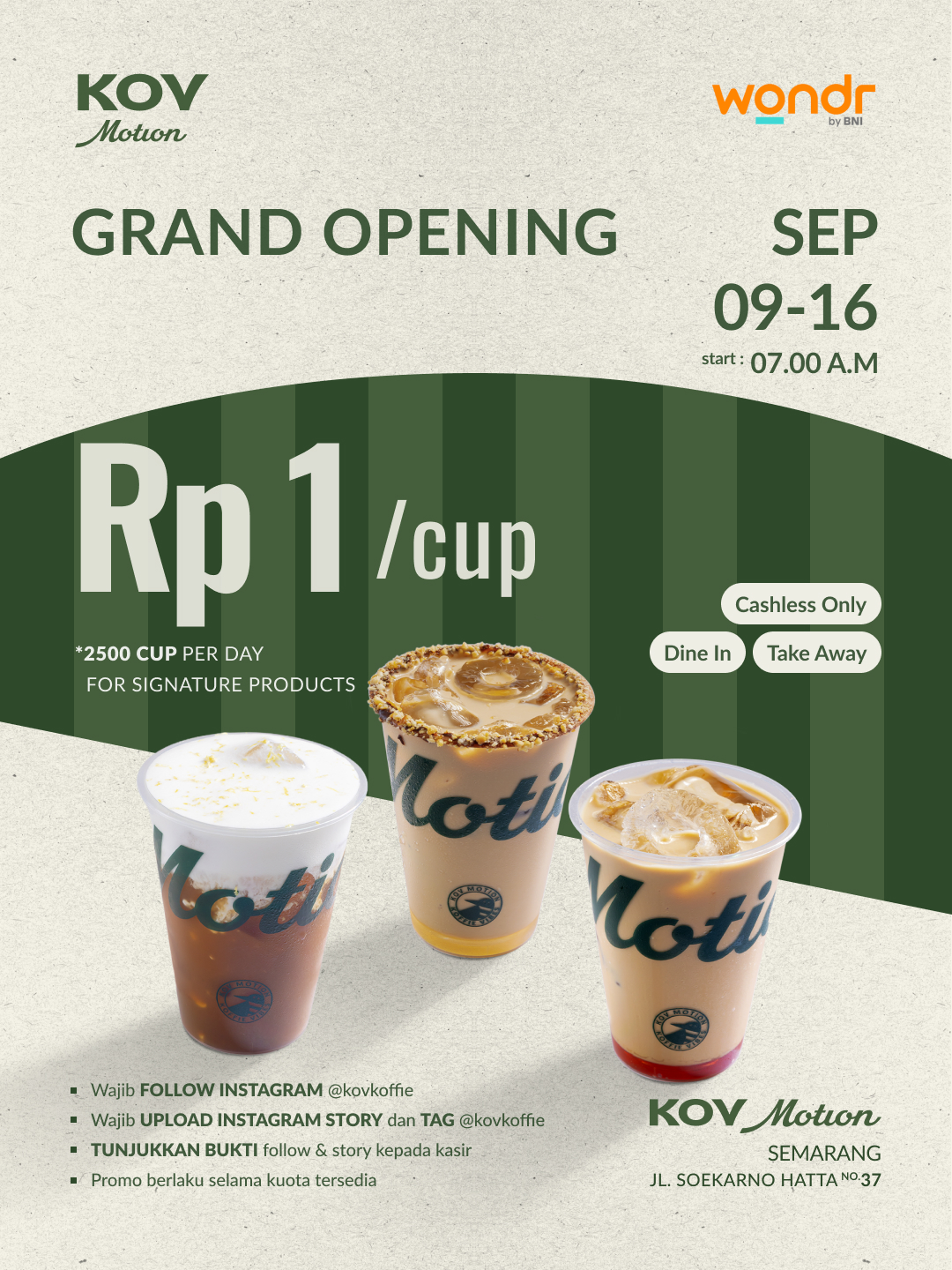 Poster Grand Opening KOV Motion — promo kopi Rp1 pada 9–16 September 2026
